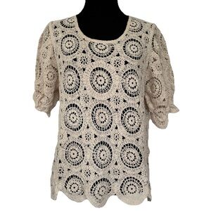 Crochet Boho Scoop Neck Puff Sleeves Women's Top in Cream Cotton Large